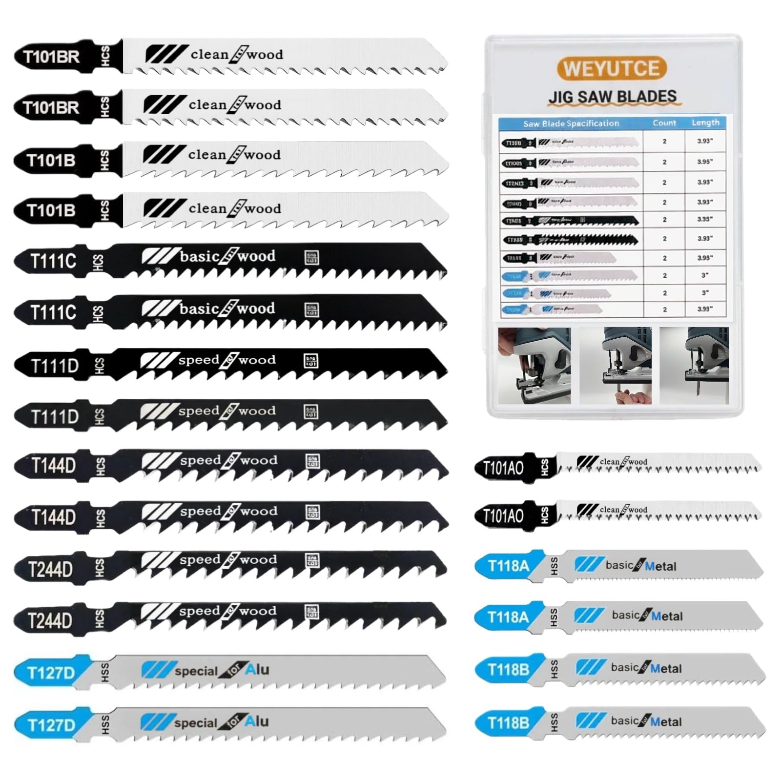Photo 1 of 20 Piece Jigsaw Blades Set, Assorted T-Shank Jig Saw Blades for Wood, Plastic & Metal Cutting(T118A, T118B, T101AO, T101B, T101BR, T144D, T111C, T111D, T244D, T127D)