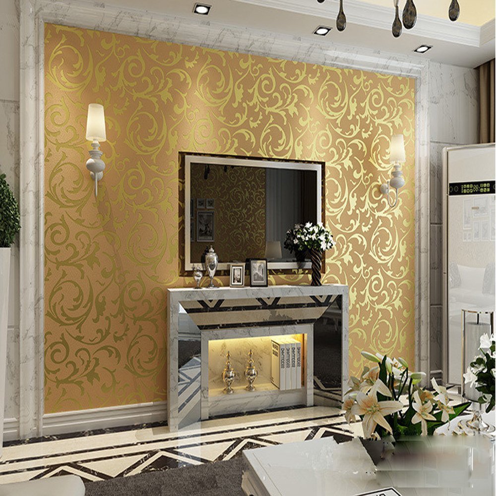 KeTian Modern Luxury Victorian Damask Embossed Textured for Living Room/Bedroom/TV Background Non-Woven Wallpaper Roll 0.53m (1.73' W) x 10m (32.8' L) = 5.3㎡ (57 sq.ft) (Gold Yellow)