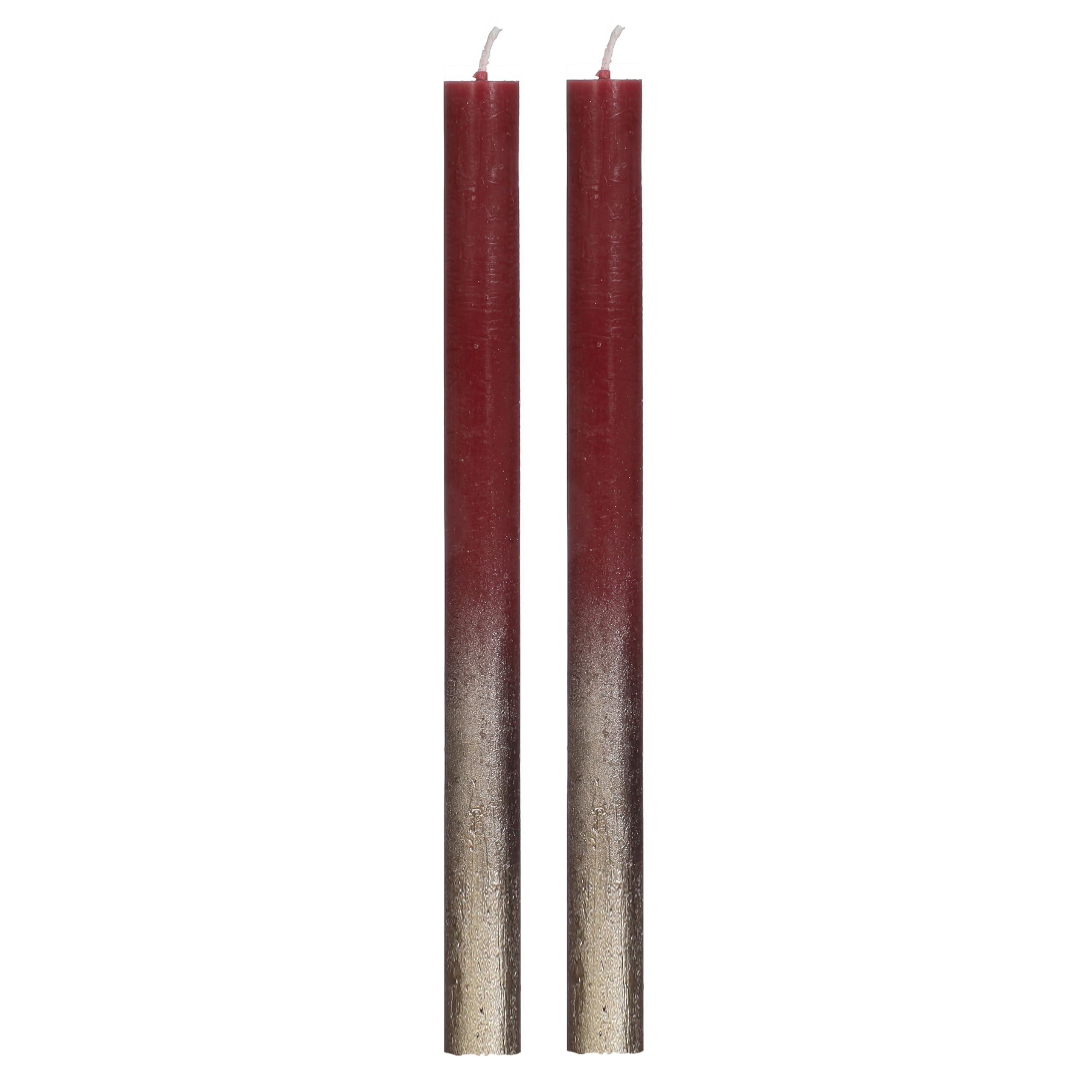 Taper Candles Set – 2 x Long Burning Dripless Dinner Table Taper Candles, Burgundy Red with Gold Accent, 25 cm, 10 Hours