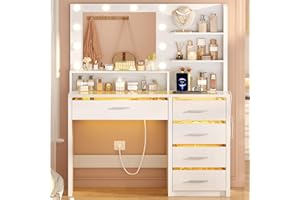 TEENFON Makeup Vanity with Glass Top, Makeup Desk with Mirror and Lights, 3 Colors LED & Power Outlet, Dressing Table with 5 