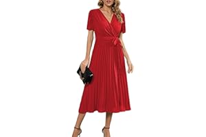 Mansy Women's Elegant Wrap V Neck Lantern Sleeve Bulted Pleated Flowy Maxi Long Dress