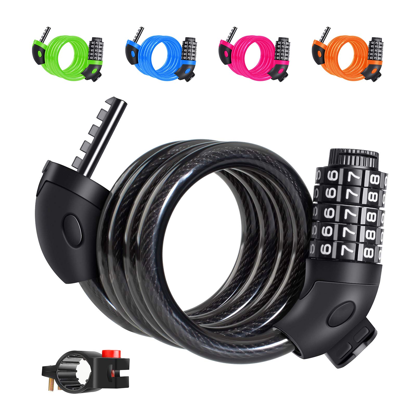 GONFOWE Bike Lock, 5 Digital Codes Resettable 10000 Combination Cycling Cable Lock with Mounting Bracket for Bicycle,Motorcycles,Scooter,Door,Gate Fence and Grills Use(120CM/12MM,360g) (Black)