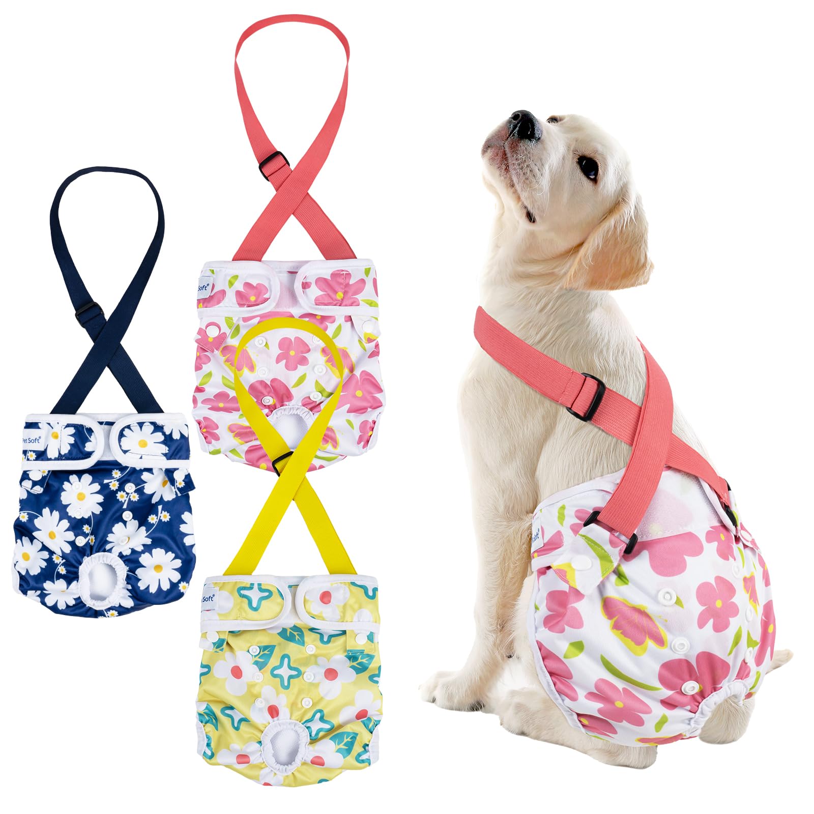 Photo 1 of Pet Soft Dog Diapers Female with Suspenders, 3 Pack Reusable Female Dog Diapers for Heat, Dog Period Panties for Doggie in Cycle(Medium, Flowers)