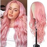 T-color Long Pink Wavy Wig for Women 26 Inch Middle Part Curly Wavy Wig Natural Looking Synthetic Heat Resistant Fiber Wig for Daily Wear, Party, Cosplay