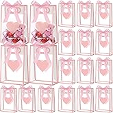 Gueevin 24 Pcs Heart Gift Bags with Ribbon Pink Heart Clear Plastic Gifts Bags with Handles Reusable Gift Wrap Tote Bag for Wedding Bridal Birthday Party