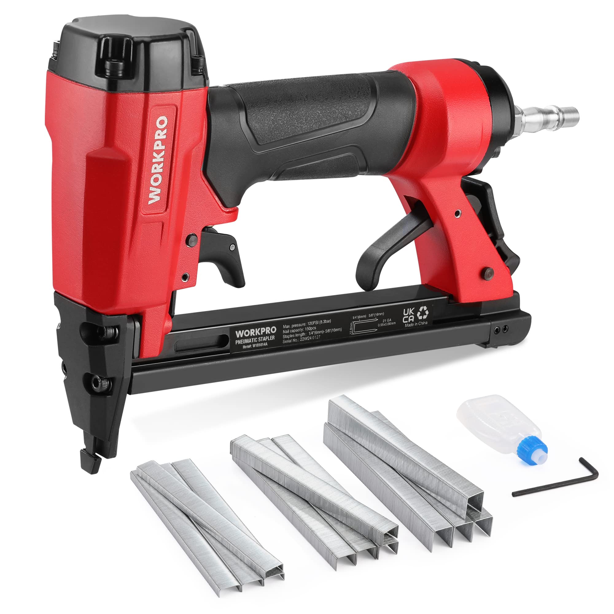 WORKPRO Air Staple Gun with 1500pcs Staples(6mm-16mm), 21GA / Type 8016, Lightweight Pneumatic Stapler with Safety Nose, Ideal for DIY, Decoration, Furniture Making, Upholstery, Woodworking