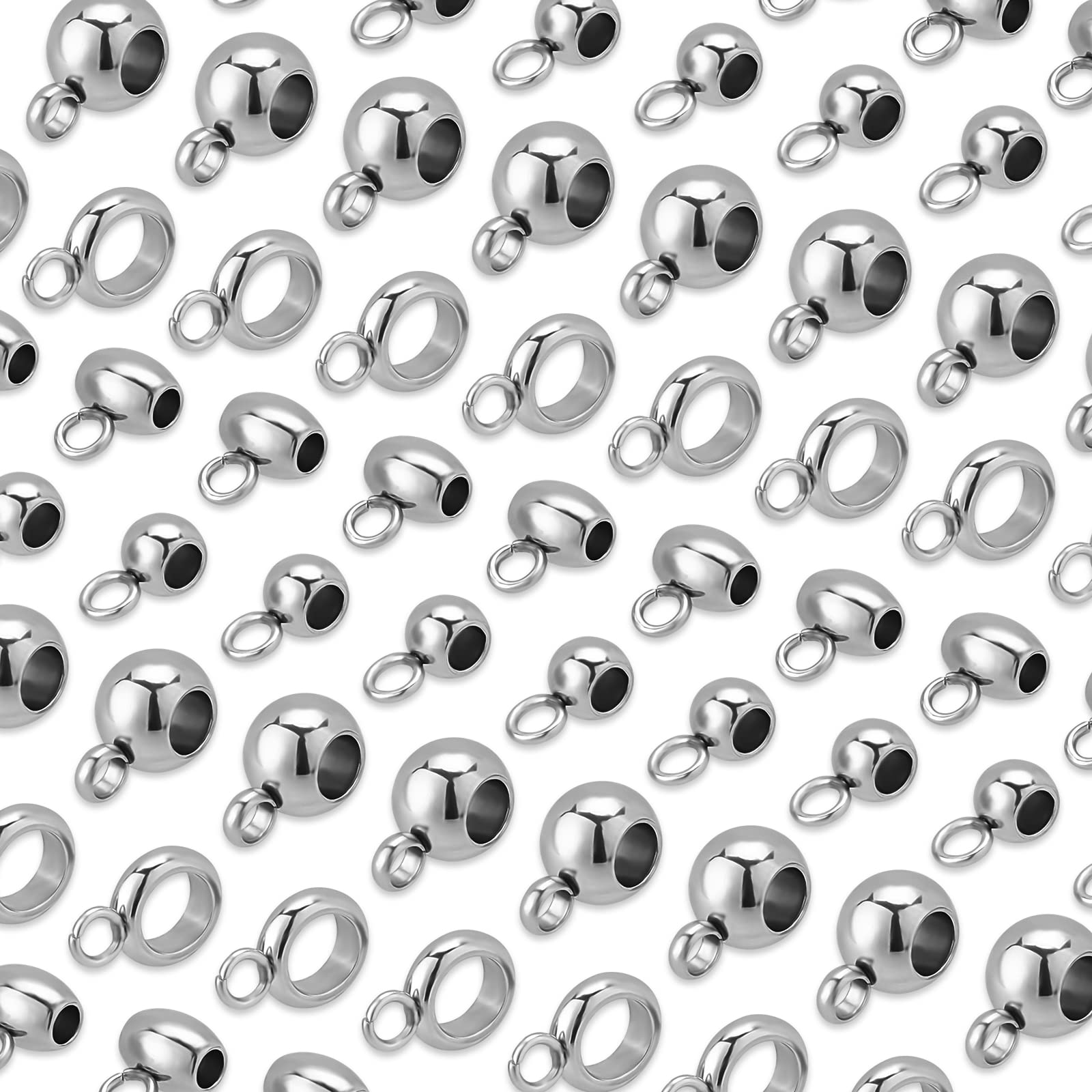 PH PandaHall 80pcs 304 Stainless Steel Bails Beads 4 Styles Roundelle Barrel Large Hole Hanger Links Connectors with Charm Loop for Snake Chain European Bracelet Pendant, 2~4mm Hole