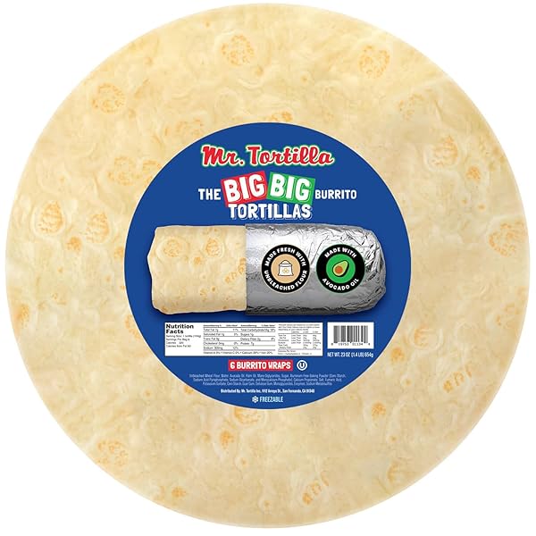 MR. TORTILLA BIG BIG BURRITO WRAPS – 12-13″ – SMALL-BATCH ARTISAN TORTILLAS, RESTAURANT SIZE, MADE WITH AVOCADO OIL – VEGAN KOSHER (TRADITIONAL FLOUR, 6 WRAPS)