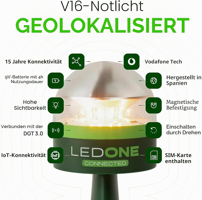 ERUM Vial - LEDONE Connected - Rundumleuchte LED V16 zugelassen von DGT mit obligatorischer Geolokalisierung für 2026 mit SIM-Karte und kostenlosen Daten bis 2038, Rundumleuchte V16 zugelassen in