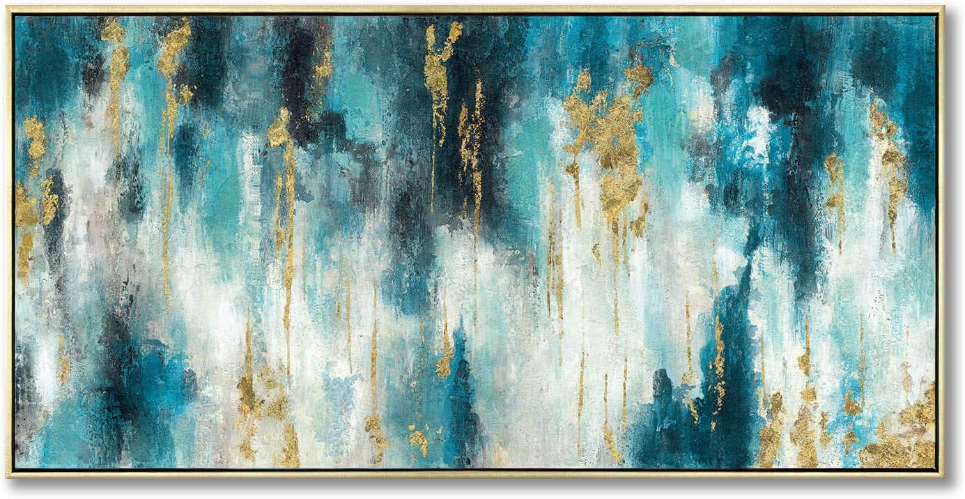 Paintings - Turquoise Abstract Canvas Painting Wall Art: Hand Painted art Modern Picture Navy Blue Teal Artwork for Living Room decor (48'' x 24'' Framed)