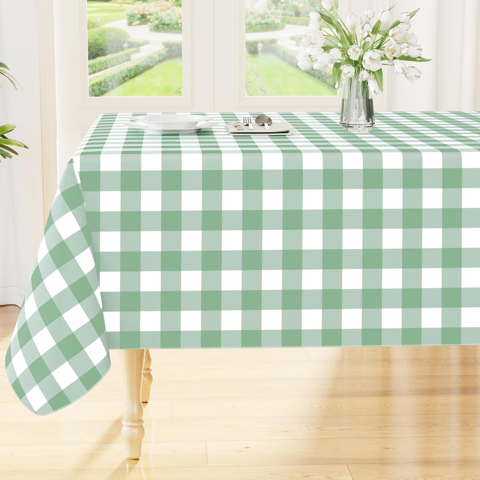 Photo 1 of Smiry Rectangle Table Cloth, Waterproof Vinyl Tablecloth with Flannel Backing, Wipeable Buffalo Plaid Table Cover for Indoor and Outdoor (Sage Green & White, 60"x102")