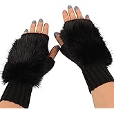 Flammi Women Wool Knit Fingerless Gloves Furry Mittens Wrist Warmers