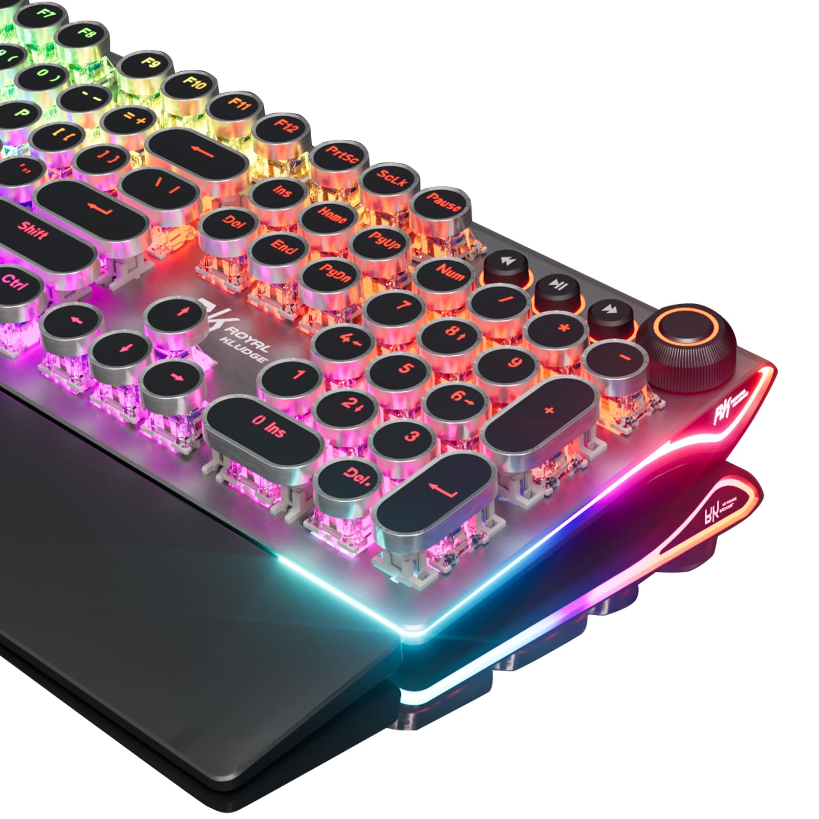 RK ROYAL KLUDGE X108 Typewriter Keyboard with Knob, Wired Mechanical Gaming Keyboard, 108 Keys RGB Backlit Sidelight, Detachable Wrist Rest, Retro Round Keycaps Blue Switches - Shadow Black Image