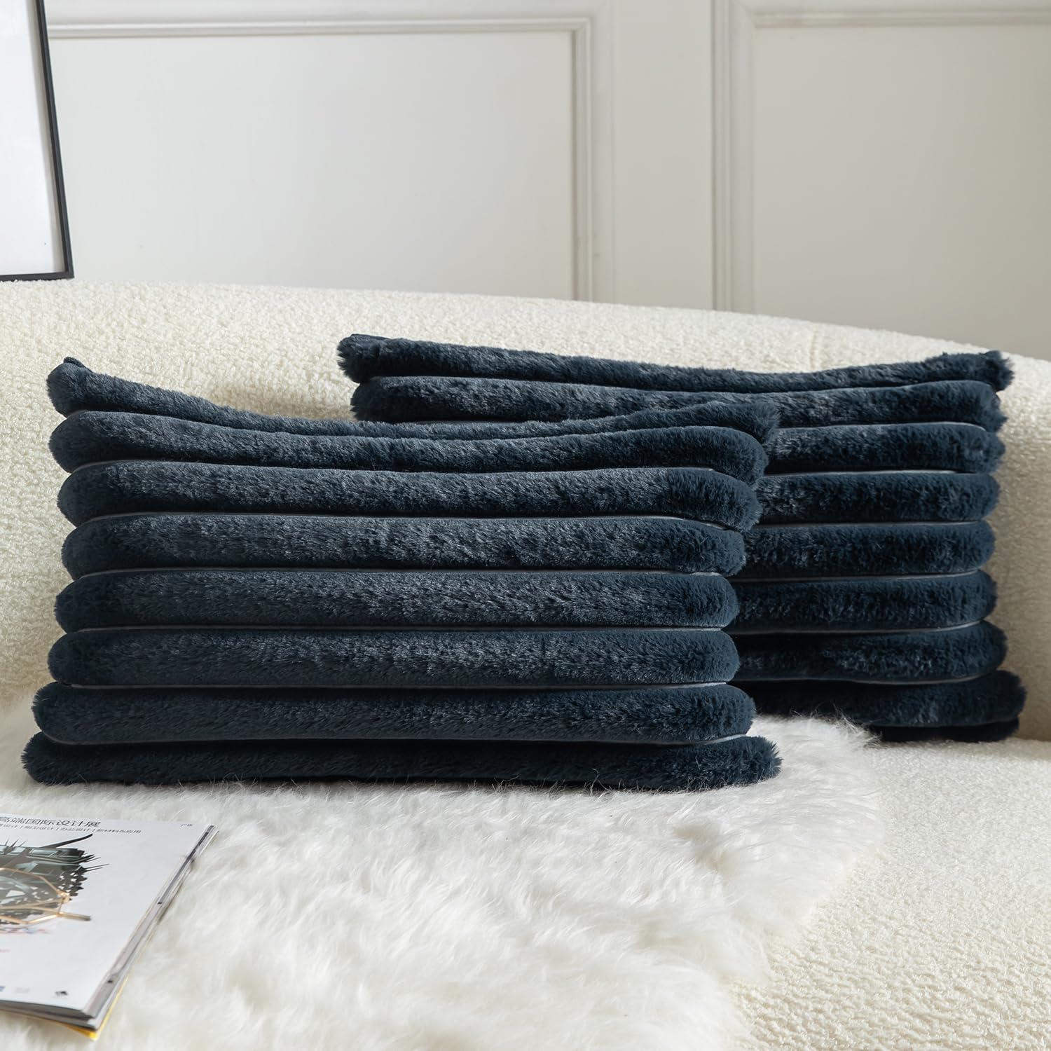 Mandioo Pack of 2 Decorative Cushion Covers 30cm x 50cm Faux Fur Striped Plush Soft Throw Pillow Covers Pillow Cases Bedroom Living Room Sofa Home 12x20 Inch Dark blue
