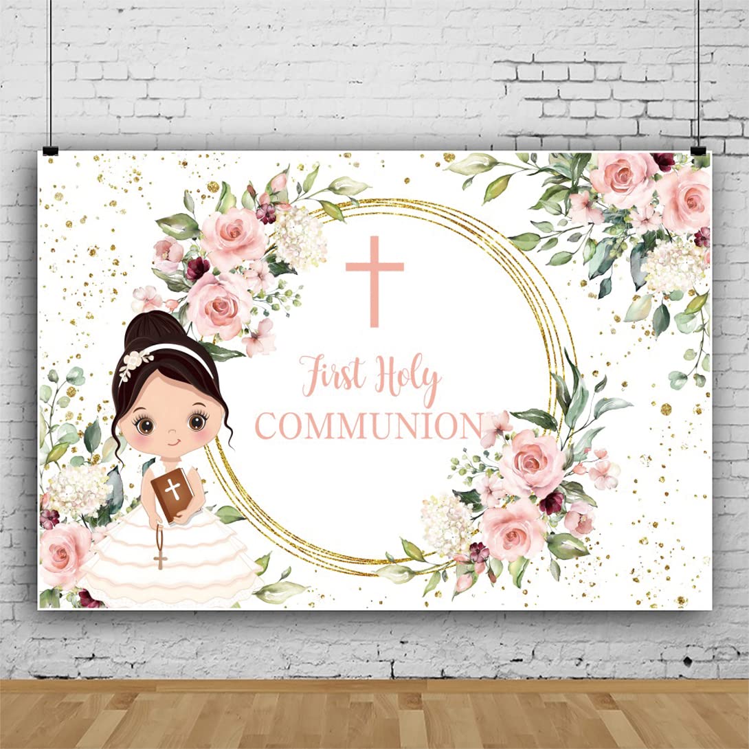 Bovlleetd 9x6ft First Communion Photography Background Baby Girl Baby Baptism Party Banner Cute Girl Christian Pink Rose Flower Backdrop Gold Sparkling Eucalyptus Leaf Background