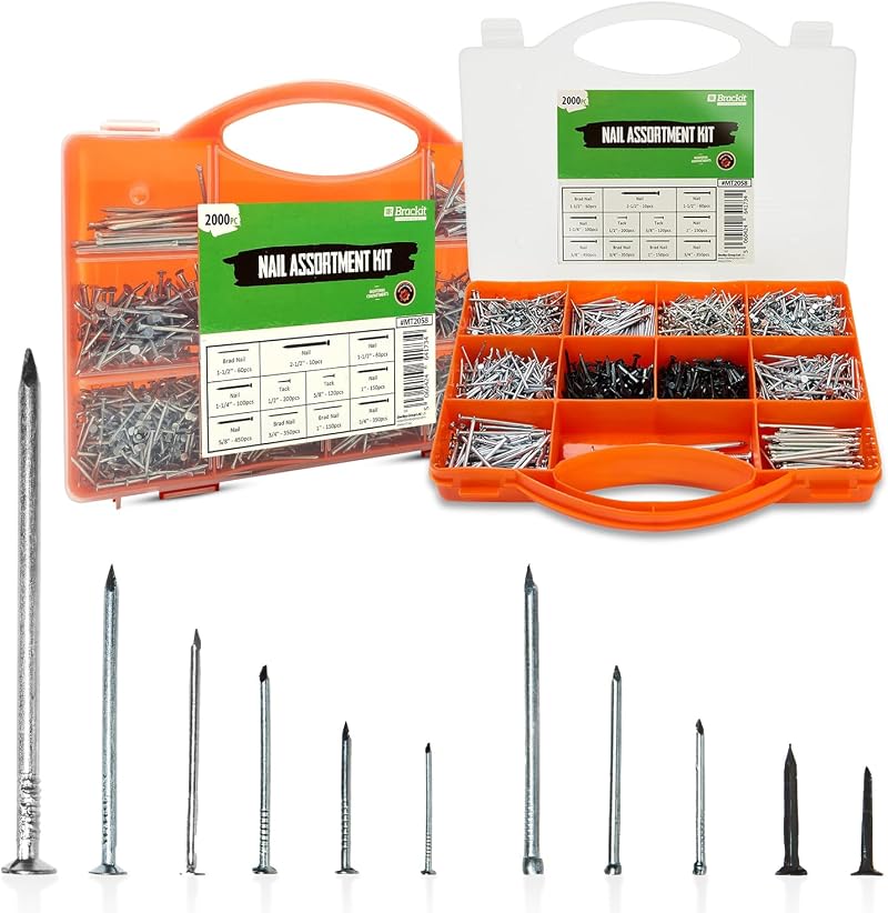 Brackit 2000 Piece Nail Assortment Set with Storage Case – Wire Nails & Tacks
