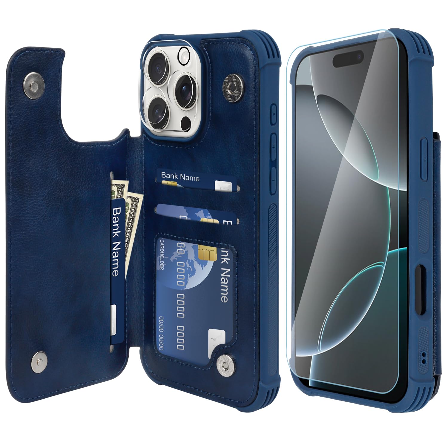 VANAVAGY Compatible for iPhone 16 Pro Max Wallet Casewith Credit Card Holder,Rfid Leather Flip Folio Cover Fits Magnetic Car Mount and Stand with Screen Camera Protector,Navy Blue