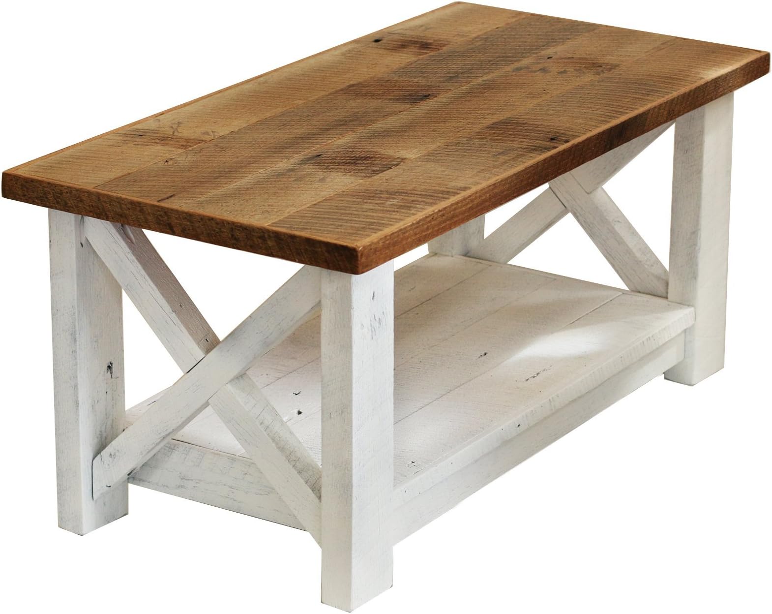 Farmhouse coffee table with White Base X made from reclaimed wood