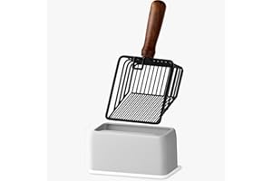 Morrean Cat Litter Scoop with Holder, Metal Cat Litter Scooper, Stainless Steel Heavy Duty Deep Shovel, Fast Fine Scoop Away Cat Litter - Black with Gray Box