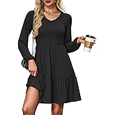 AUSELILY Womens Long Sleeve Dress 2025 Fall Casual V Neck Tiered Swing Flowy A-line Mini Short Dresses with Pockets