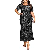 Ever-Pretty Plus Women's Short Sleeves Bodycon Sequin Ball Gown Maxi Plus Size Formal Evening Dresses Vestidos De Fiesta