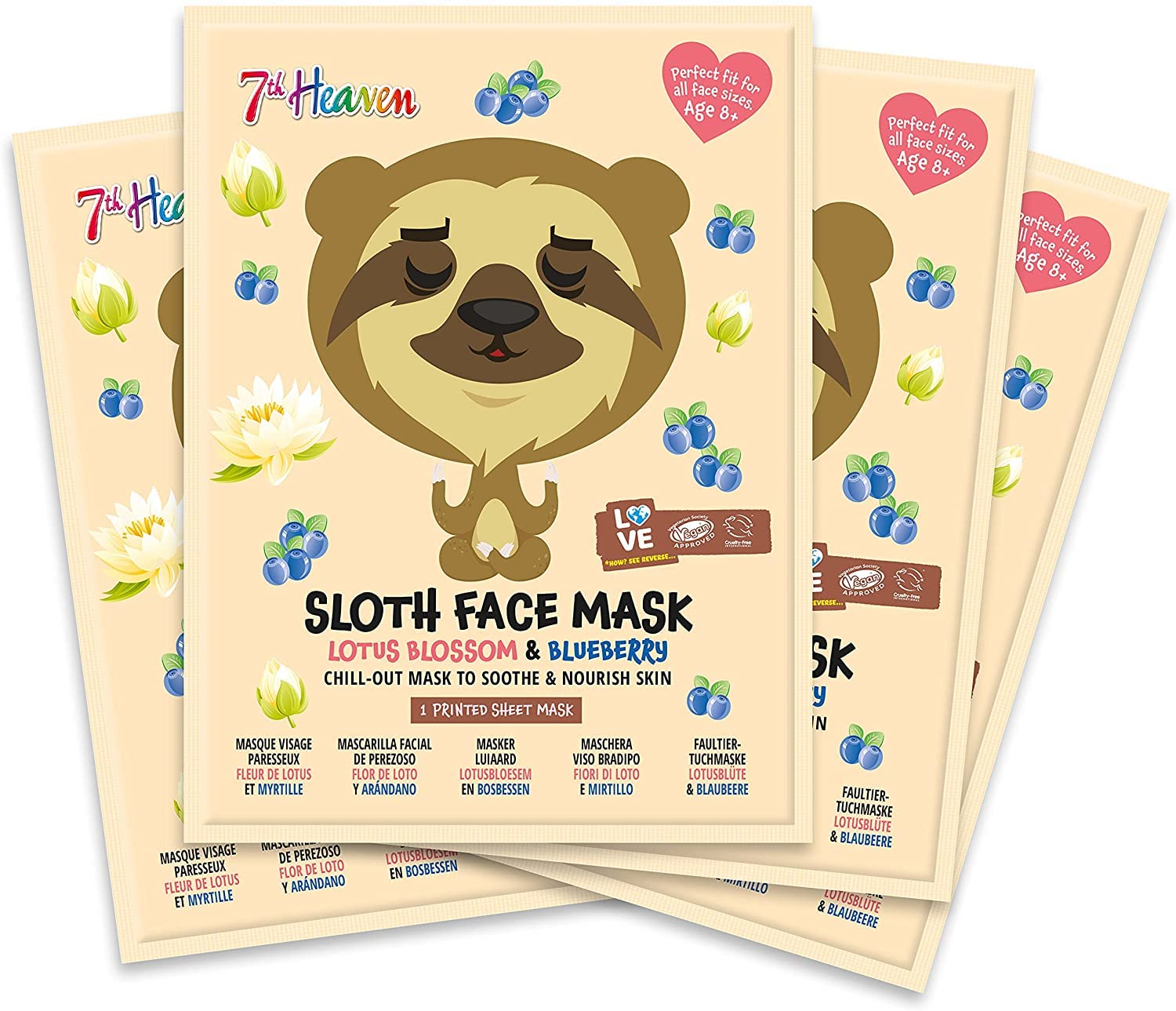 [Pack of 4] 7th Heaven Sloth Face Sheet Mask Multipack with Lotus Blossom to Soothe and Nourish Skin (Ages 8+)