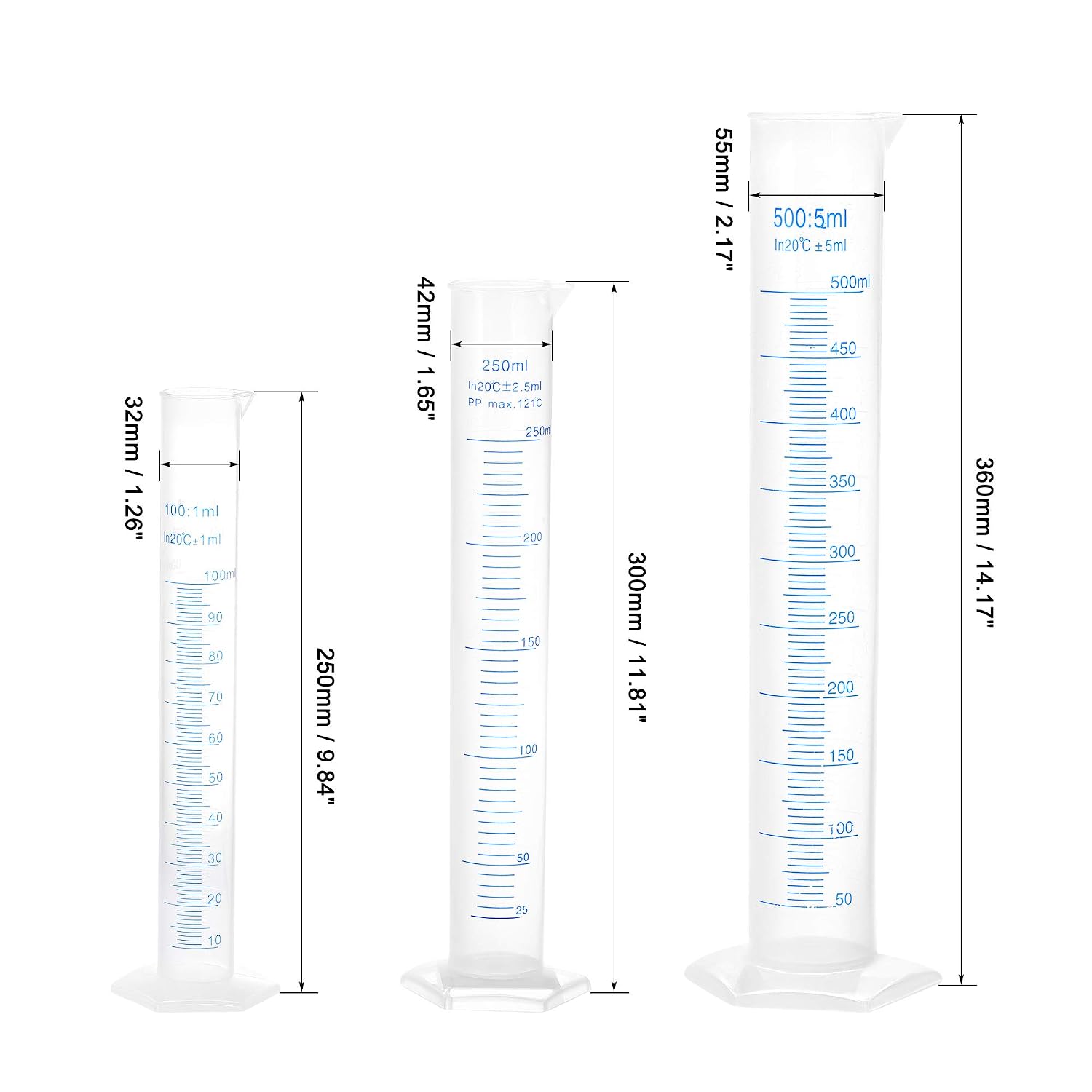 sourcing map Plastic Graduated Cylinder, 100ml 250ml 500ml Measuring Cylinder, Double-Sided Metric Marking, Clear Hex Base, 3 in 1 Set - Image 3