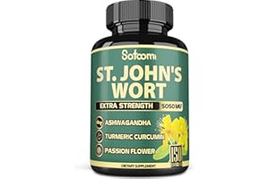 Satoomi St. John's Wort Capsules Extract 5050mg - 5 Month Supply - 6 in 1 Herbal with Ashwagandha, Ginkgo Biloba, Turmeric Curcumin - Sleep & Mood Enhancer for Women Men - 150Capsules