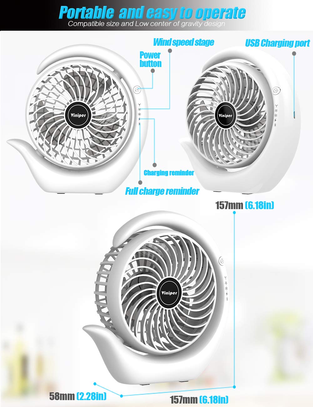 Viniper Portable Rechargeable Fan, Small Desk Fan : 3 Speeds & about 8-24 Hours Longer Working, 180 Rotation, Portable Desktop Fan Small but Mighty, Strong Wind (White, Light Black Blade)6.2 Inch