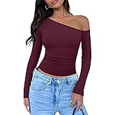 REORIA Womens 2026 Fall Fashion Long Sleeve Shirts Double Lined Casual Slim Fitted Off The Shoulder Tops