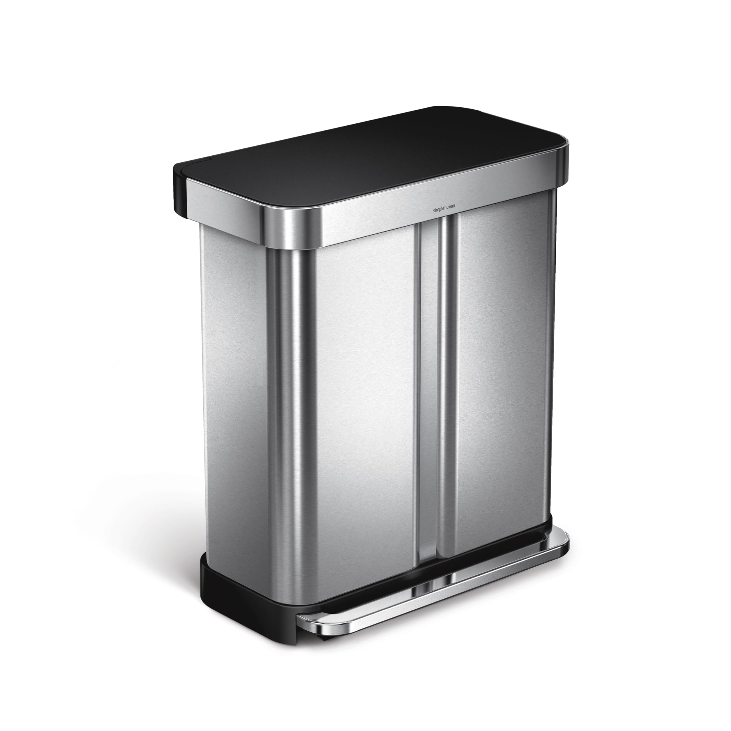 Photo 1 of simplehuman 58 Liter / 15.3 Gallon Rectangular Dual Compartment Recycling Kitchen StepTrash Can with Soft-Close Lid, Brushed Stainless Steel with Black Plastic Lid