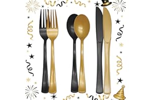JOY AKKESS 150 Pieces Black and Gold Plastic Silverware Heavy Duty 75 Black Plastic Utensils and 75 Gold Cutlery Tableware Sets Includes Spoons Forks Knives for Birthday Party, 2026 New Year