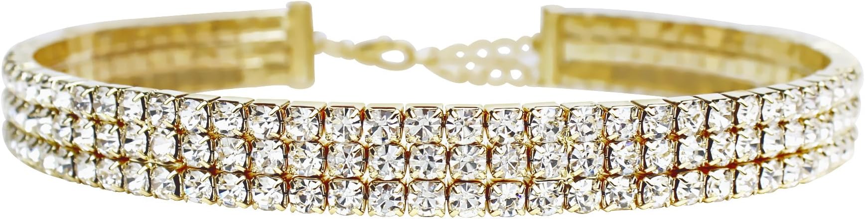 LuxeLife Gold Rhinestone Choker 3 5 8 Row Women’s Crystal Necklace Diamond Collar with 5" Extender