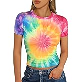 Tie Dye Crop Tops for Women Girls Hippie 60s 70s Short Sleeve Tie-Dye Cropped T Shirt