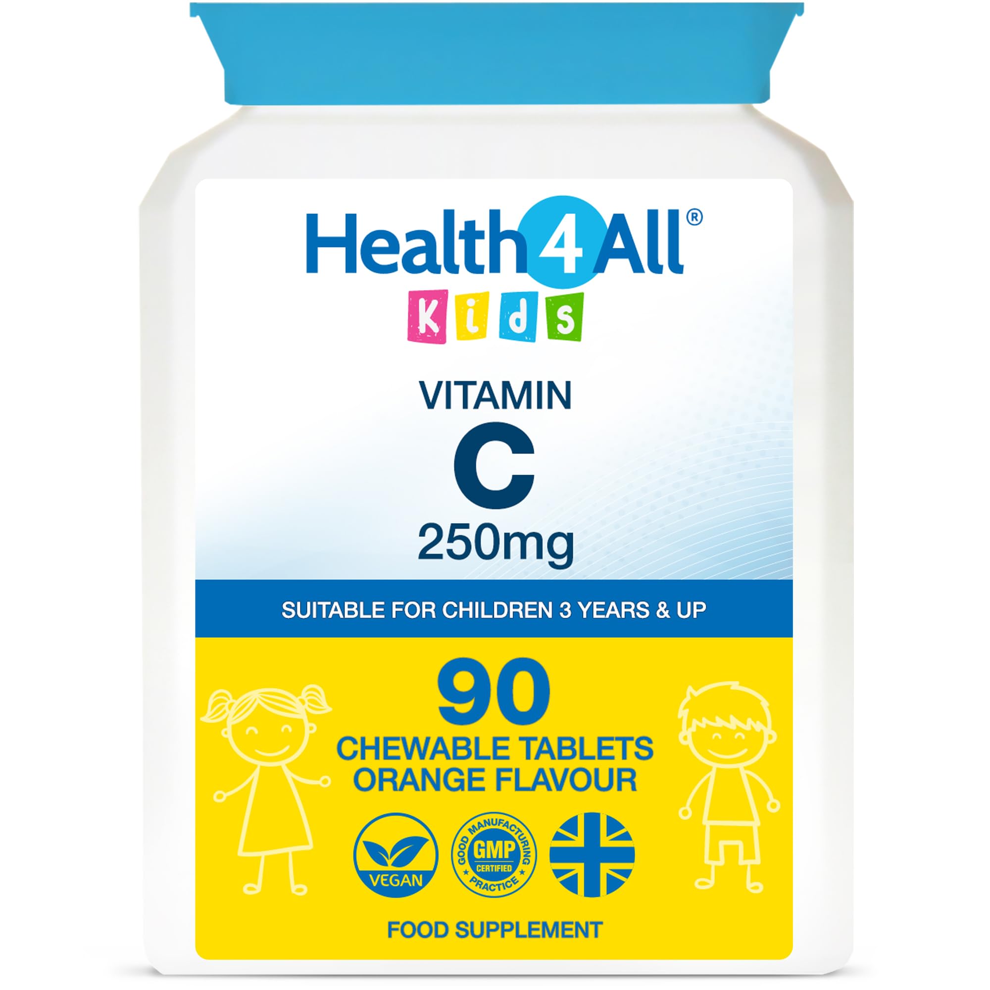 Health4All Kids Vitamin C 250mg, 90 Chewable Tablets 3 Months Supply for Children 3+ Immune System Support, Natural Vegan Orange Flavour | Made in UK (Not Gummies)