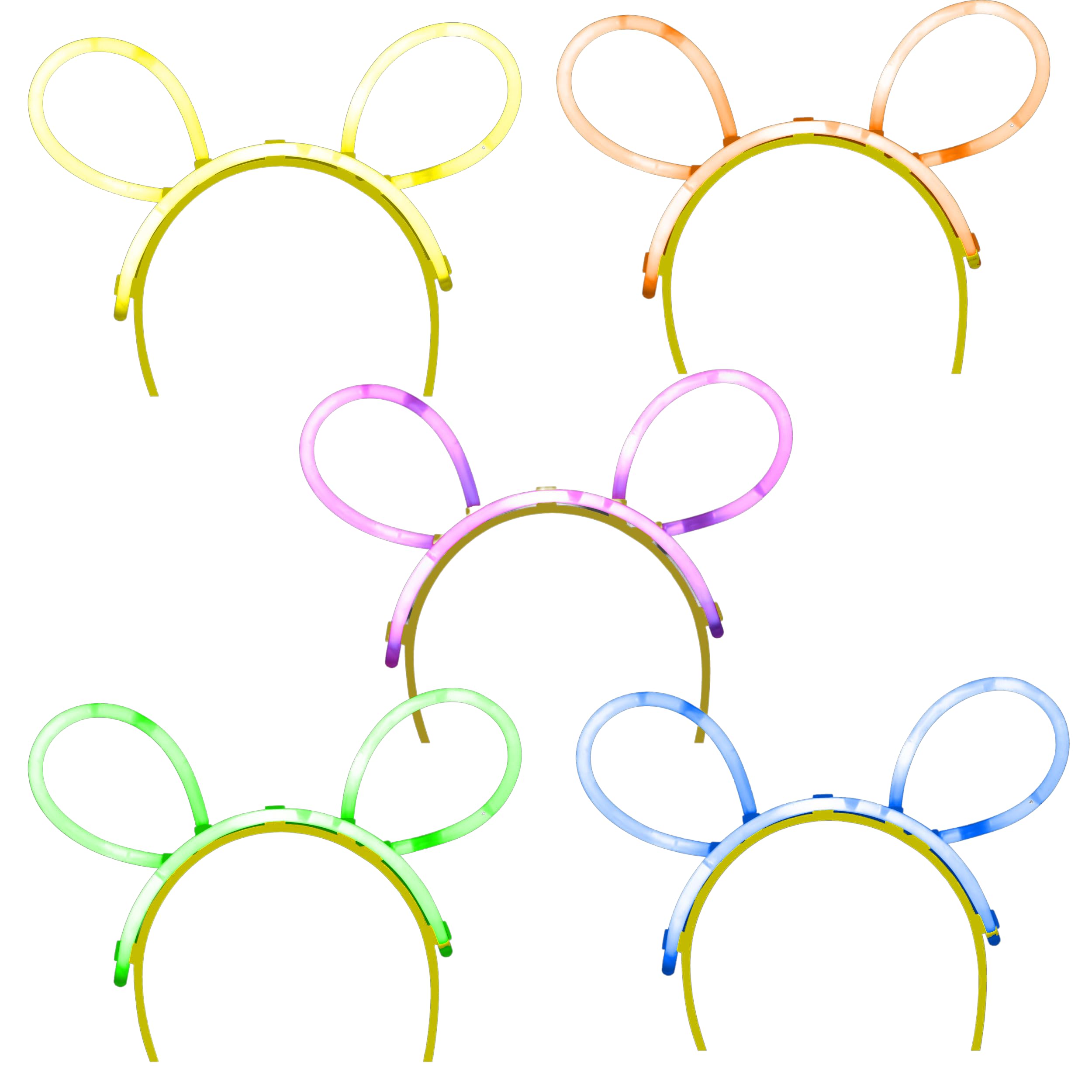 Glowtopia Glow Stick Bunny Ears (5x pack) - Pink, Green, Orange, Blue, Yellow - Mixed Colour Glowstick Headbands