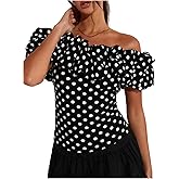 SHENHE Women's Vintage Polka Dots Off The Shoulder Top Puff Short Sleeve Dressy Going Out Top