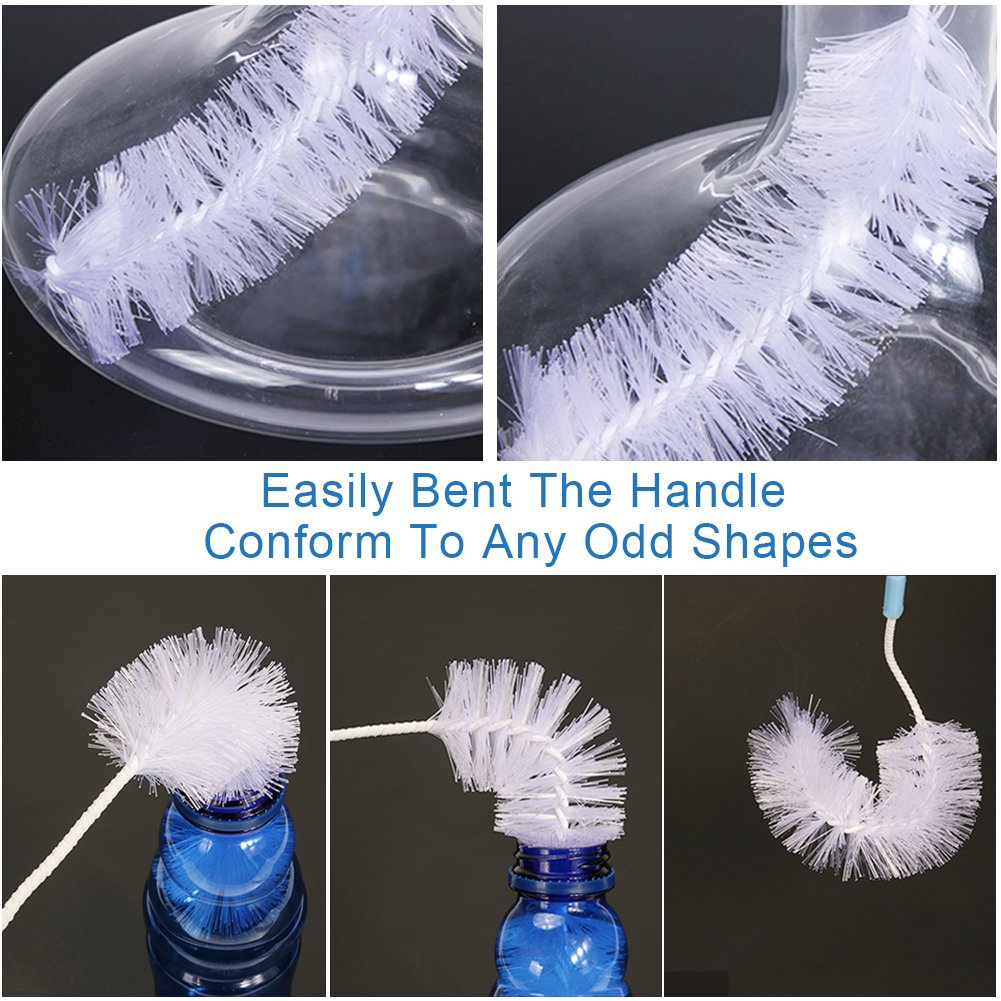 3 Piece Bottle Brushes Set, SIKIWIND Water Bottle Brush Cleaner Set - Bendable 16” Rugged Bristles Long Bottle Cleaning Brush + 14” Sponge Bottle Brush and 10” Soft Safe Baby Bottle Brush(Blue&Yellow)