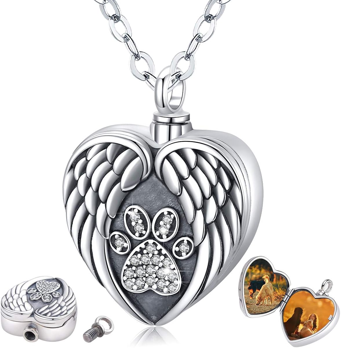 Eusense Urn Necklace for Ashes 925 Sterling Silver Cremation Jewellery for Dog Ashes Paw Memorial Jewelry That Holds Pictures