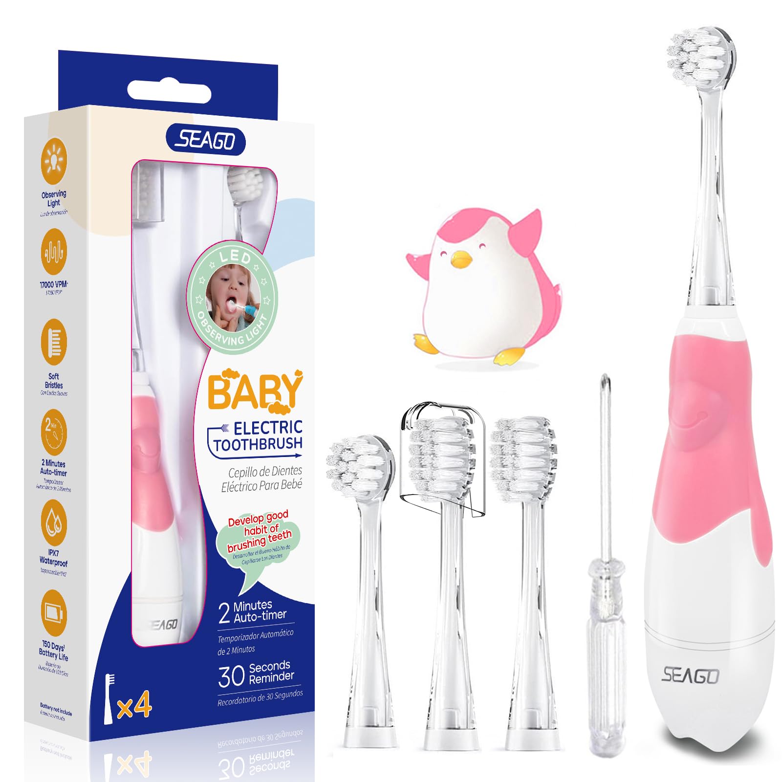 Seago Baby Toothbrush Age 0-2-3 Years Old Electric Toddler Kids Battery Powered Sonic Tooth Brush with Timer LED Light and 4 Soft Brush Heads for 6 Months and Up SG513 (Baby Pink)
