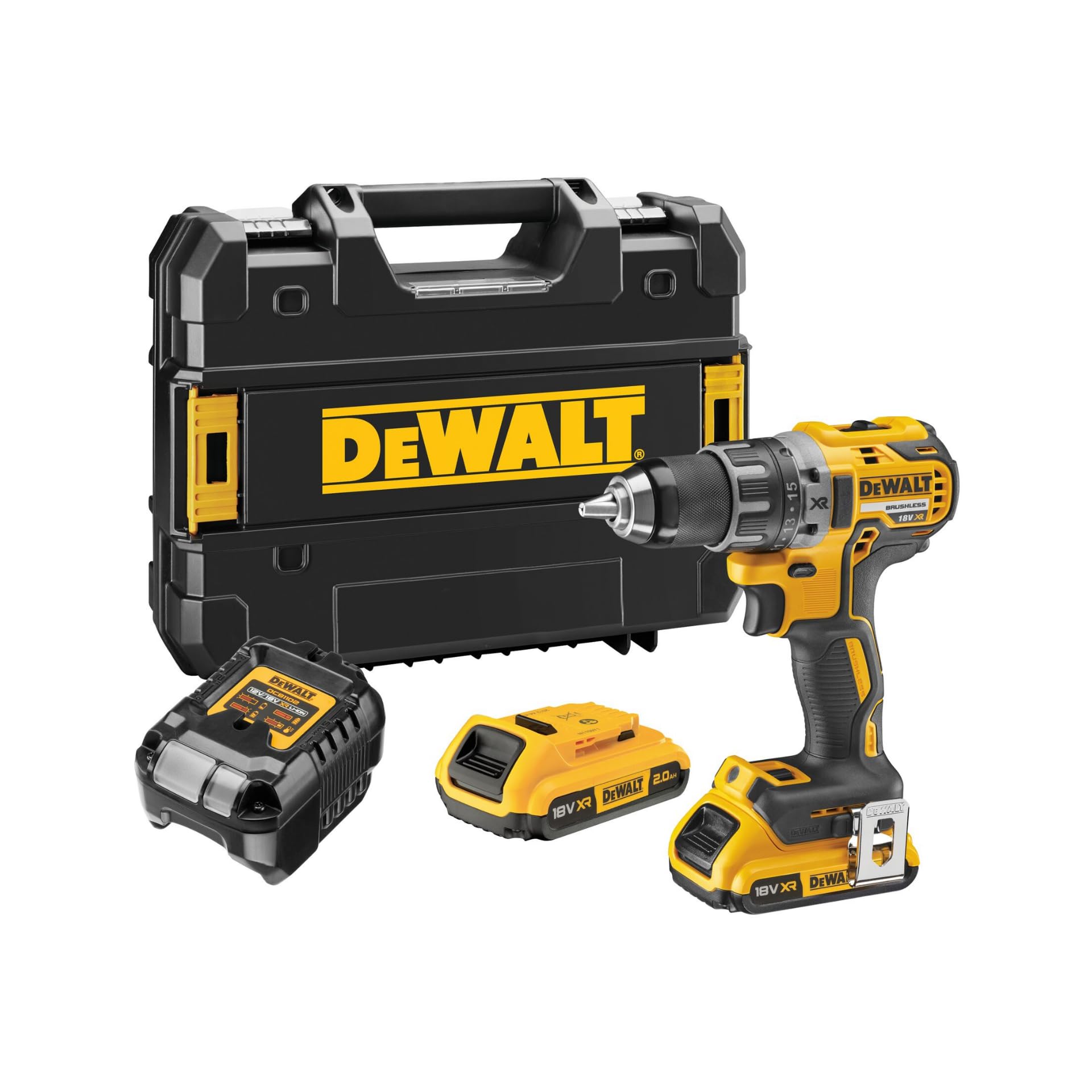DEWALT XR 18V Brushless Drill Driver, Ultra Compact Design, 2 x 2Ah Batteries & Charger, High Torque 70Nm, LED Worklight, Heavy Duty Kitbox, Professional Power Tool - DCD791D2-QW