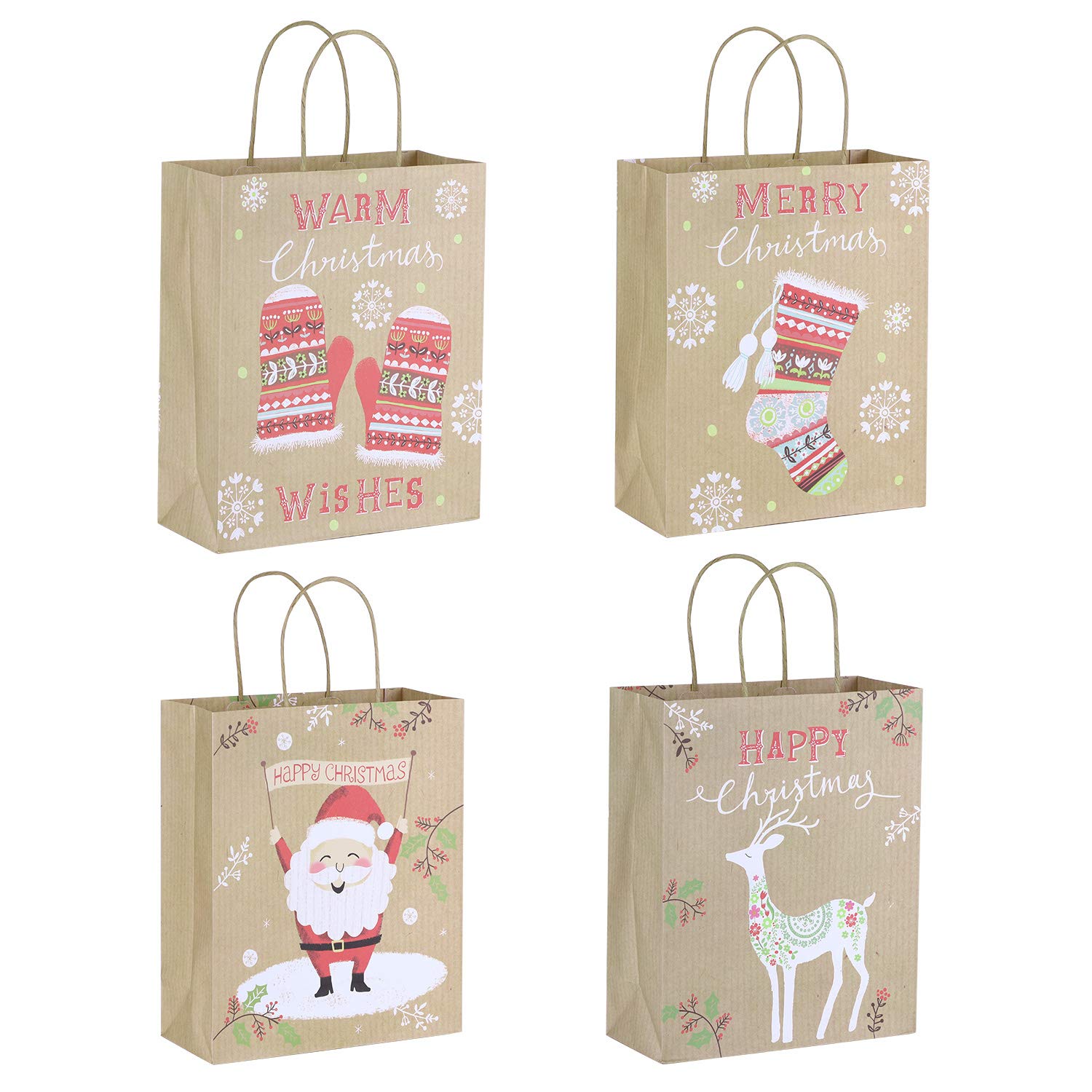 12Pcs Kraft Gift Bag Christmas Print Gift Bags Santa Claus Gift Tote Bag Party Favor Gift Wrapping Bags Reusable Craft Paper Boxes for Festive Holiday(32x26x12cm)