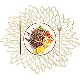 BIPASION Gold Round Placemats for Dining Table Set of 6, Pressed Vinyl Metallic Table Mats Washable Non-Slip Place Mats for K