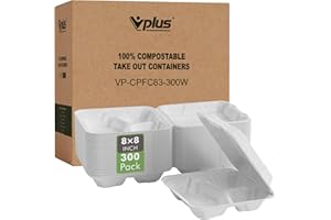 Vplus 300 PACK 100% Compostable Clamshell Take Out Food Containers, 8 inch x 8 inch Eco-Friendly Disposable, 3 Compartment, Heavy-Duty Bagasse To-Go Containers for Next Day Lunch, Potluck Party