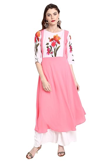 Women's Pink Poly Crepe Flared Kurta