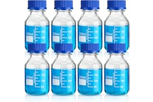 Irenare 8 Pieces Media Storage Bottles Borosilicate Storage Glass Scientific Round Graduated Media Bottle with Blue Gl45 Screw Cap for Lab Water Reagent Liquids(250 ml)