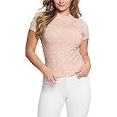 Guess Womens Eco Short Sleeve Mock Neck All Over Logo Tee