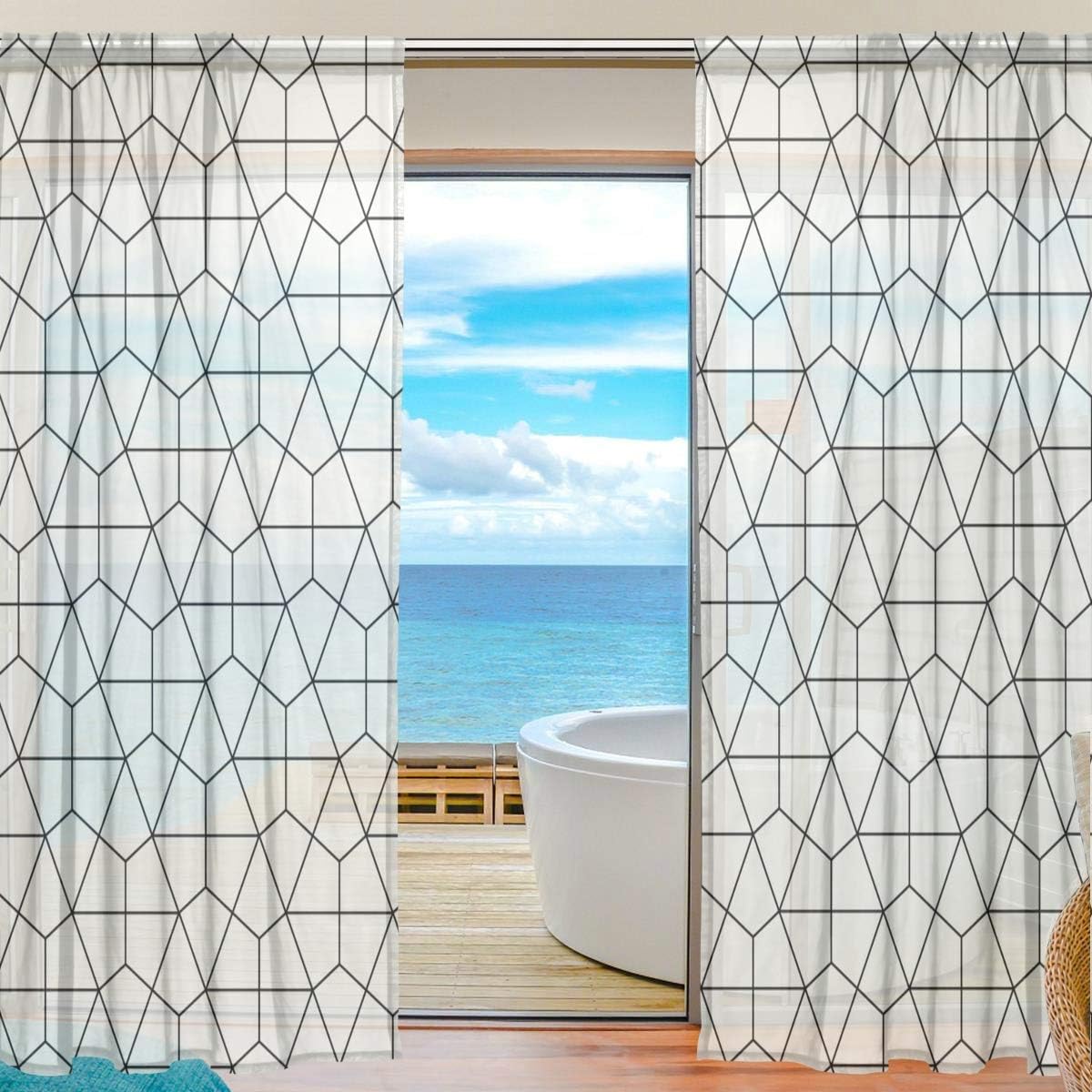 Lined Geometric Seamless Pattern Window Drapes Decorative Window Curtains, Voile Sheer Curtain