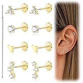DAI JY Helix Piercing Jewelry, Cartilage Earrings for Women 14k Gold Threadless Flat Back Stud Earrings Hypoallergenic Surgical Steel 18g 20g Nose Tragus Piercing Jewelry Small Heart CZ Earrings Set