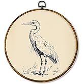 Hiuwevt Vintage Heron Bird Round Wall Art Decor, Retro Neutral Sketch Heron Framed Canvas Prints, Coastal Bird Round Wall Han